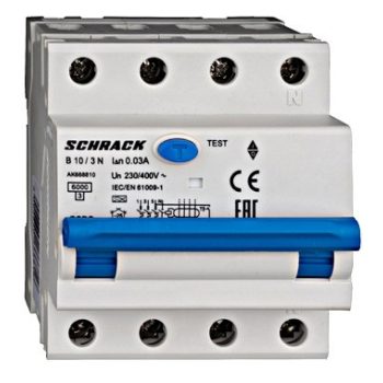   Vezetékvédő kapcsoló 3+N AK 6kA B 10A 30mA A Schrack AK668810